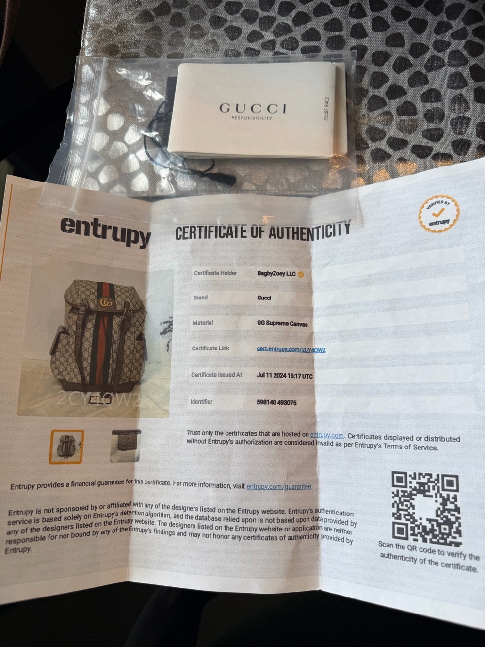 Gucci GG Supreme Coated Canvas Backpack with Red & Green Stripe and Brown Trim - Picture 14 of 16